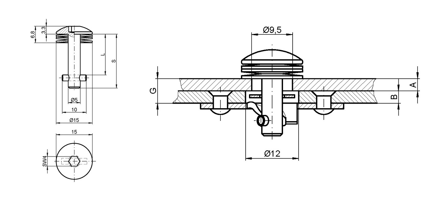 Locking bolt, steel, electro zinc plated and yellow chromated surface, shaft length=14,9mm, clamping width=2,3-2,9mm