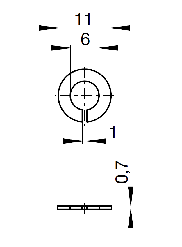 Retaining washer, polyamide, untreated surface, diameter=11, thickness= 0,7