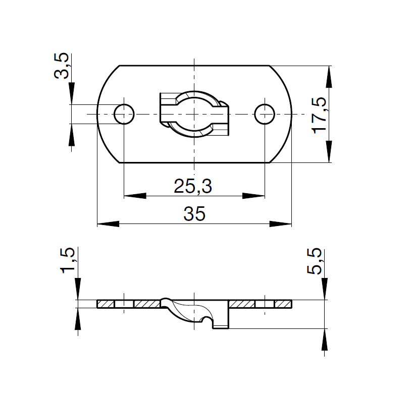 Bottom part, steel, electro zinc plated and yellow chromated surface, thickness=1,5, height=5,5