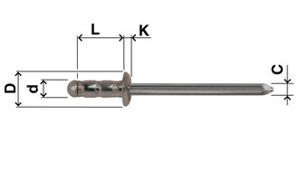 Blind rivet, multi, dome head, steel, D=4,8, L=11, clamping range, min.=1,2