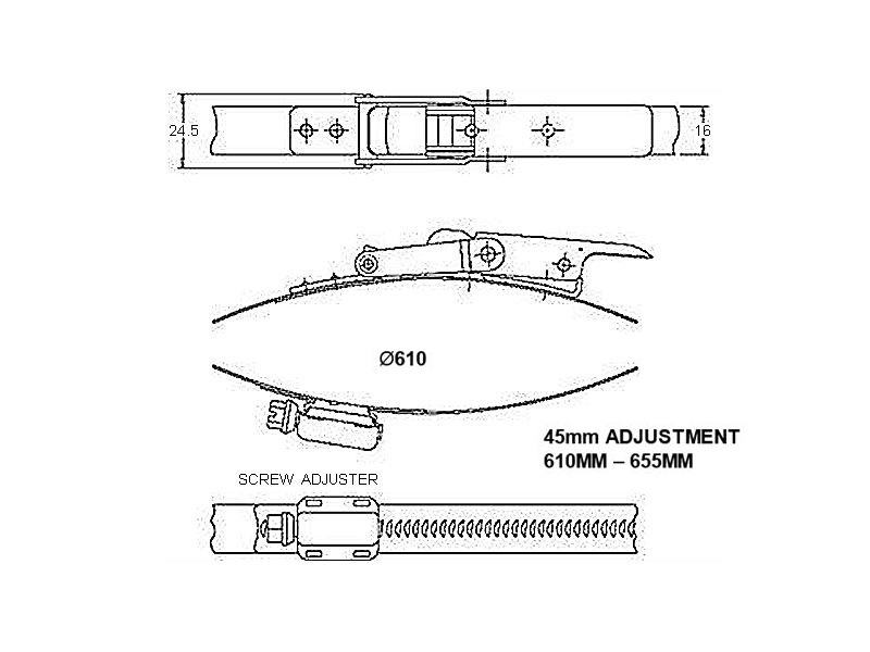 Complete hose clamp, stainless steel, Diameter range: 610-655mm, Load class= High