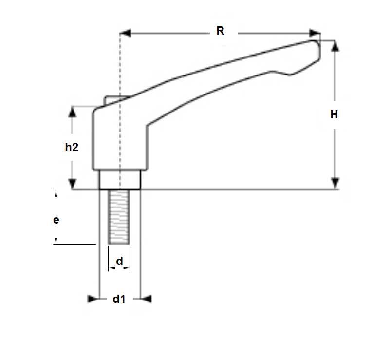 Clamping handle, glass fiber reinforced polyamide, male thread M6, L=mm, H=38mm