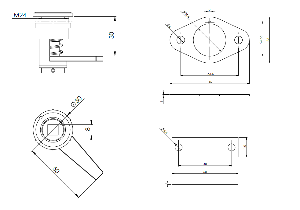 Compression latch, insert 360°+, acid proof stainless steel, Square 8, stroke=7,5mm, hole distance=22,5-30mm adjustable