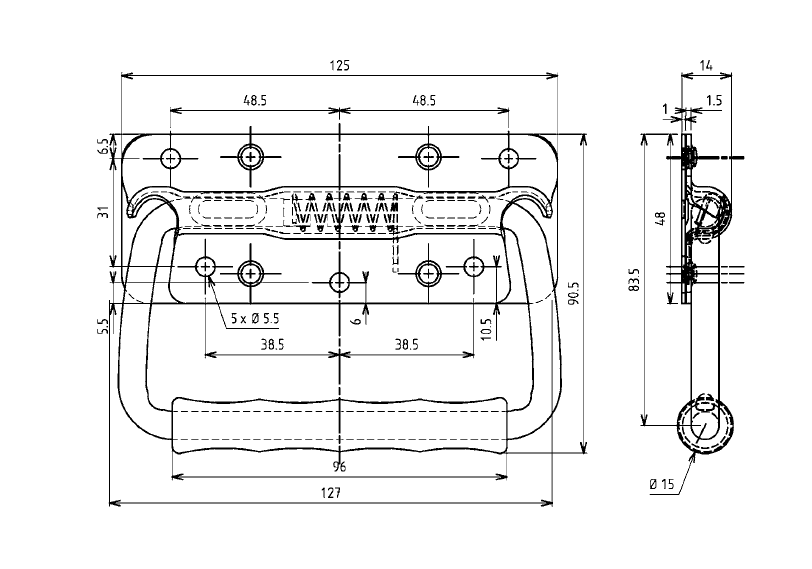 Flip handles, stainless steel, spring-loaded, H= 90,5 mm, B= 125 mm