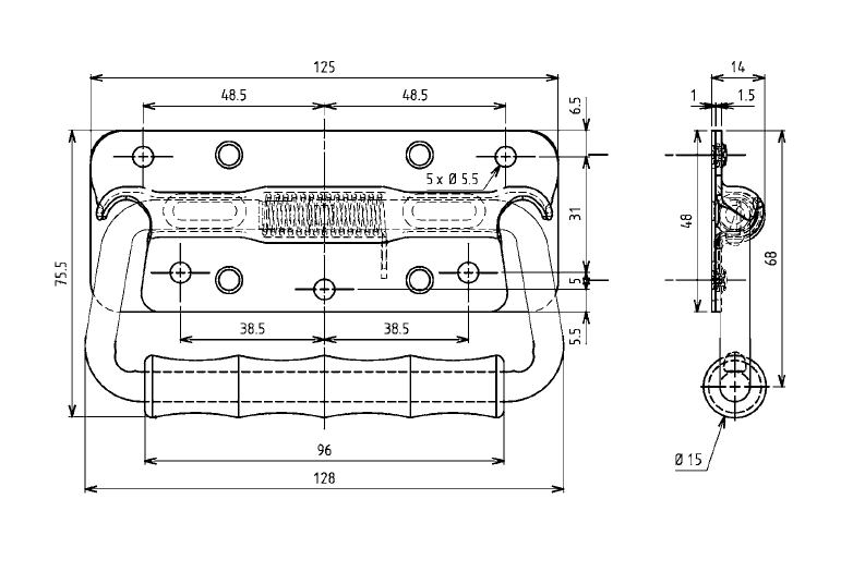 Flip handles, stainless steel, spring-loaded, H= 75,5 mm, B= 125 mm