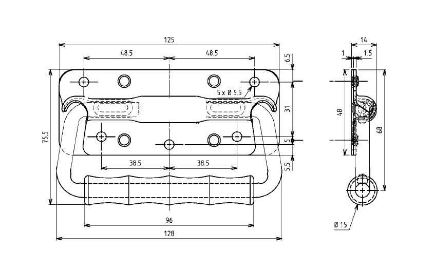 Flip handles, steel, H= 75,5 mm, B= 125 mm