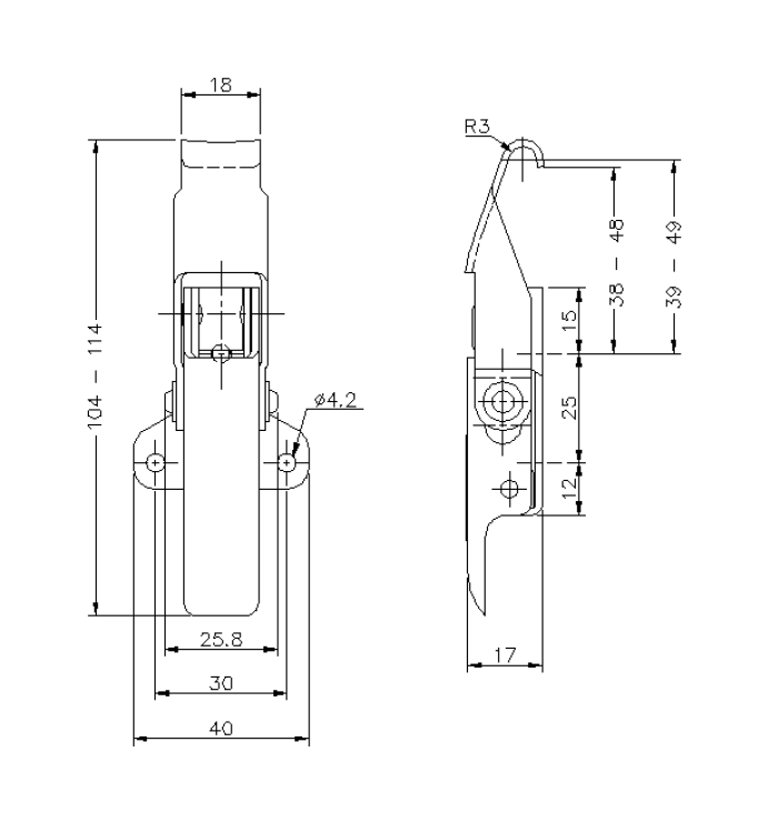 Toggle latch, stainless steel, L=114, B=40, H=17, adjustable