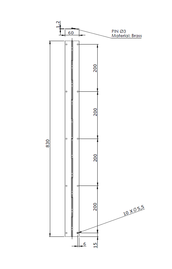 Piano hinge w/holes, steel, L=830, B=60, T=1,2