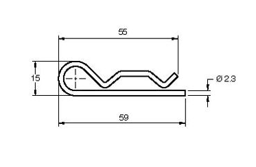 Open sealing pin, untreated stainless steel, L=59mm, H=15mm, tread diameter=2,3mm