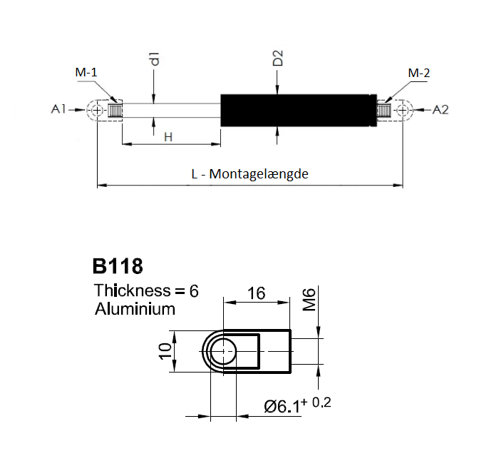 Gas spring, steel, M6 thread, stroke length = 100 mm, force = 50 N