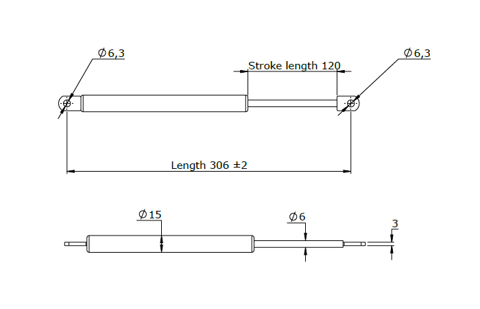 Gas spring, steel, welded thread, stroke length = 120 mm, force = 420 N