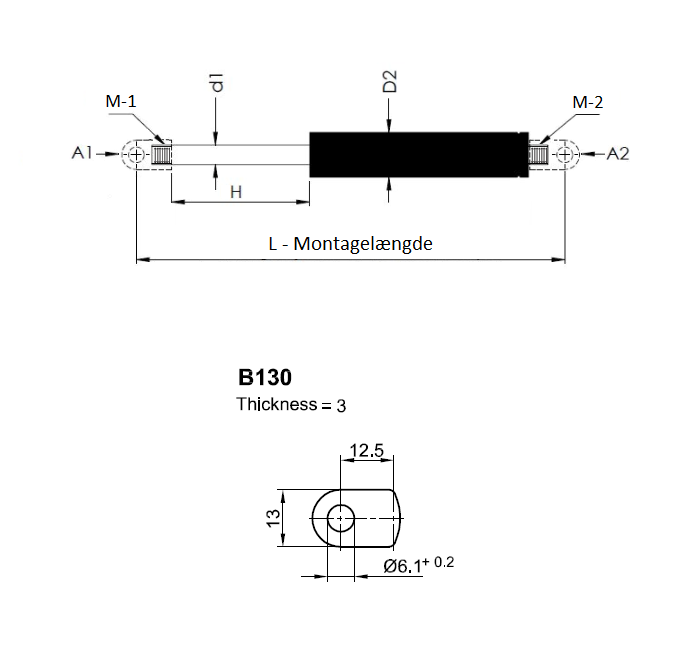 Gas spring, steel, welded thread, stroke length = 150 mm, force = 200 N