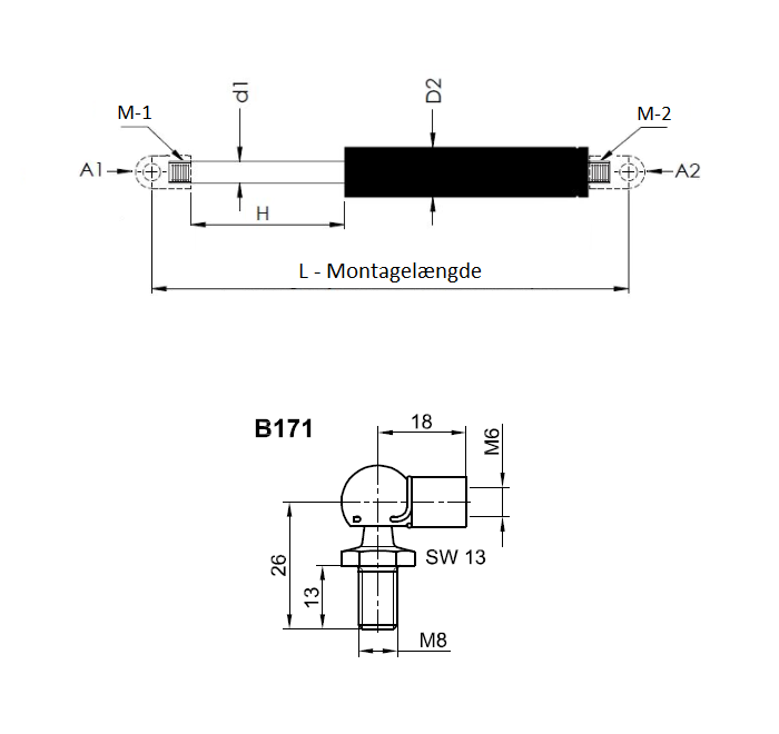 Gas spring, steel, M6 thread, stroke length = 170 mm, force = 50 N