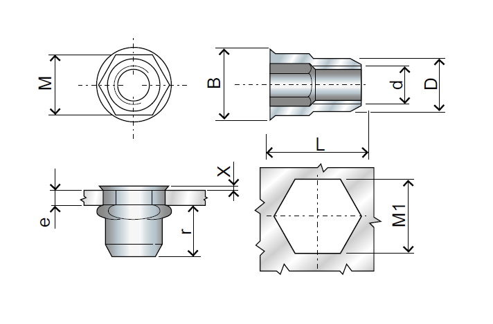 Nut, open, hexagonal, stainless steel, diameter=10,9, M8, L=15,8, min. clamping range=0,8