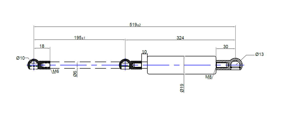 Tension Gas Springs, steel, M6 thread, stroke length = 195 mm, force = 80 N