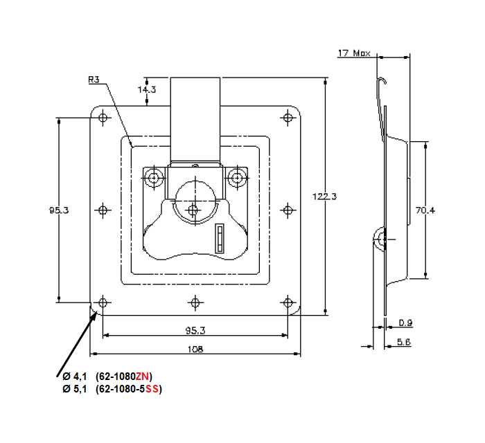 Rotary turn latch, steel, L=122,3, B=108, H=20, med hængelås