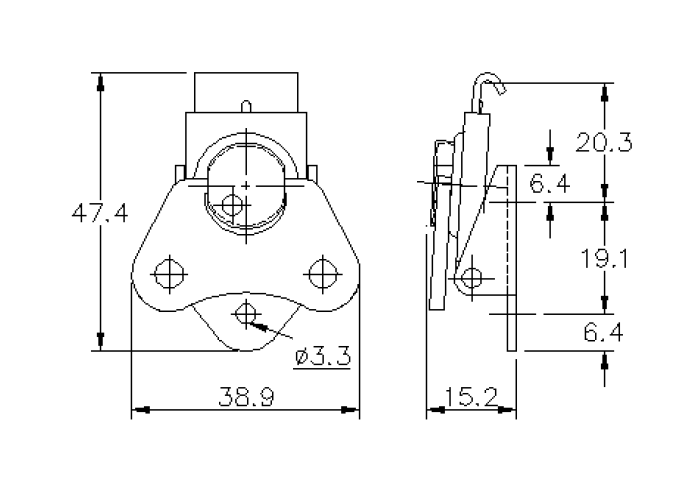 Rotary turn latch, steel, L=47,7, B=38,9, H=15,2, uden hængelås
