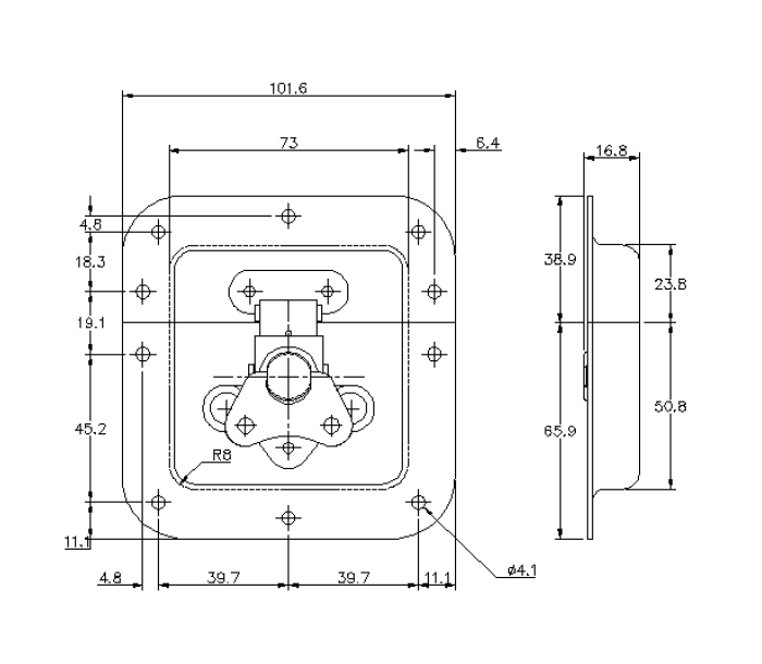 Rotary turn latch, stainless steel, L=104,8, B=101,6, H=16,8, uden hængelås