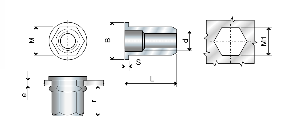 Nut, open, hexagonal, steel, width=8,9, M6, L=16, min. clamping range=0,5
