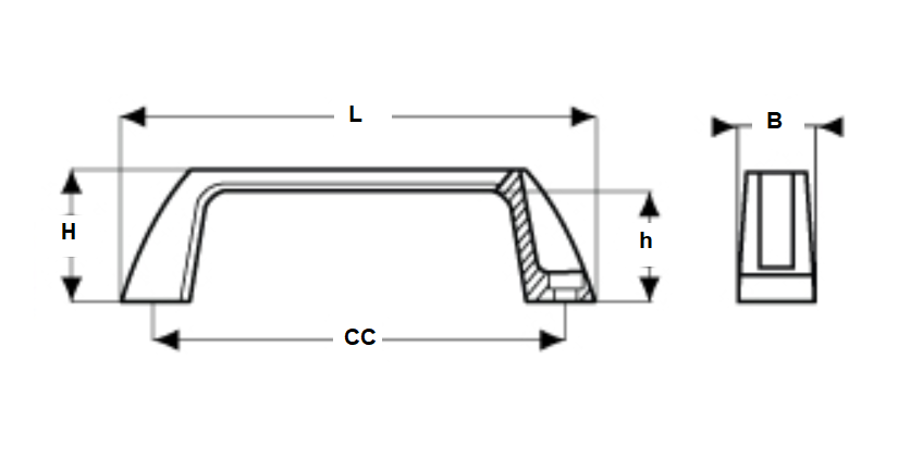 Bridge handle, glass fiber reinforced polyamide, L=170, B= 28, H= 48
