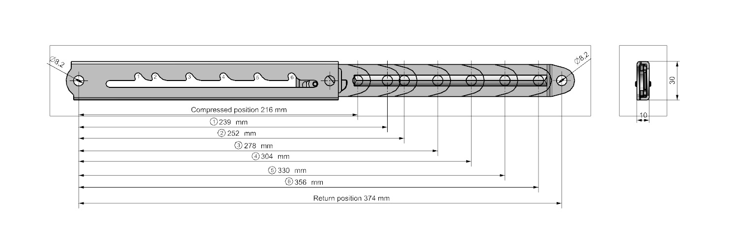 Lid stay, steel, 6 position(s), L=216mm, Ø8,2mm holes