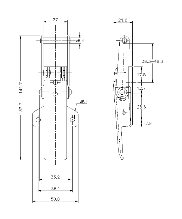 Toggle latch, steel, L=142,7, B=50,8, H=21,6, adjustable