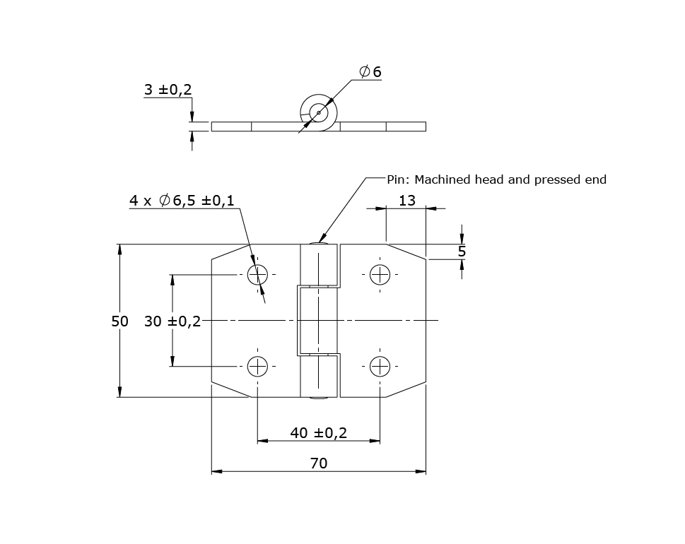 Butt hinge w/holes, stainless steel, L=50, B=70, T=3