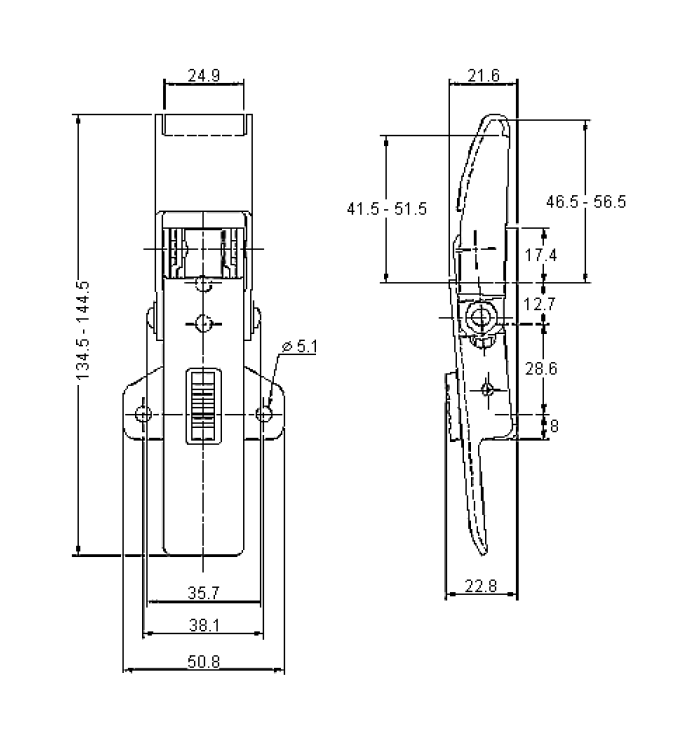 Toggle latch, steel, L=144,5, B=50,8, H=22,8, adjustable