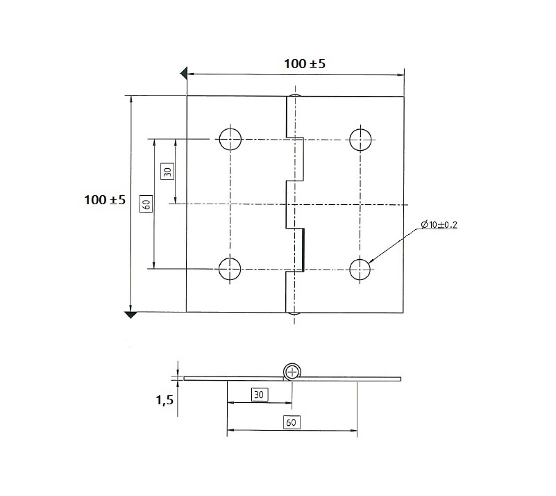 Butt hinge w/holes, acid proof stainless steel, L=100, B=100, T=1,5