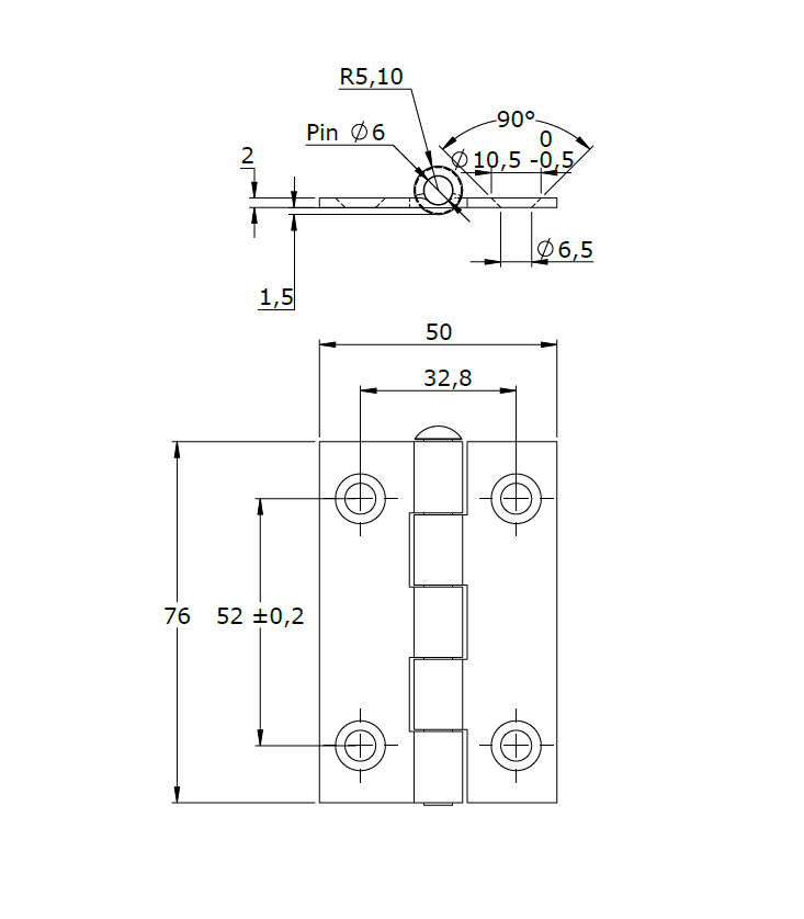 Butt hinge w/holes, stainless steel, L=76, B=50, T=2