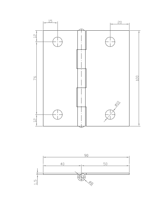 Butt hinge w/holes, acid proof stainless steel, L=100, B=90, T=1,5