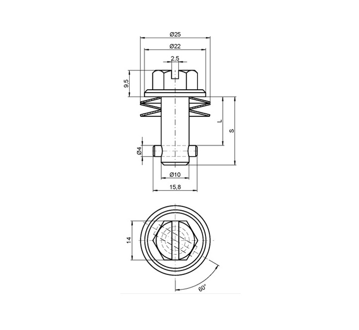 Locking bolt, stainless steel, untreated surface, shaft length=27mm, clamping width=3,55-8,55mm