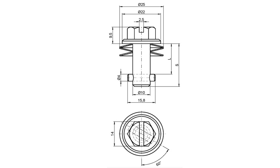 Locking bolt, steel, electro zinc plated and yellow chromated surface, shaft length=22,5mm, clamping width=0,55-5,55mm