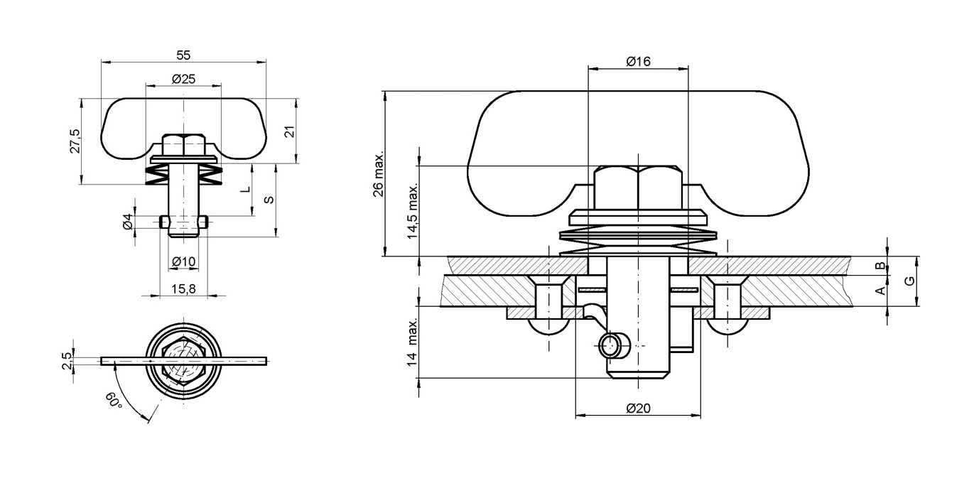 Locking bolt, steel, electro zinc plated surface, shaft length=24,7mm, clamping width=1,3-6,3mm
