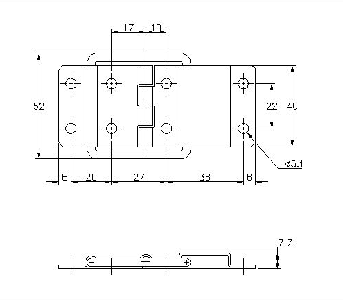Detent hinge, stainless steel, L=97, B=52, H=7,7
