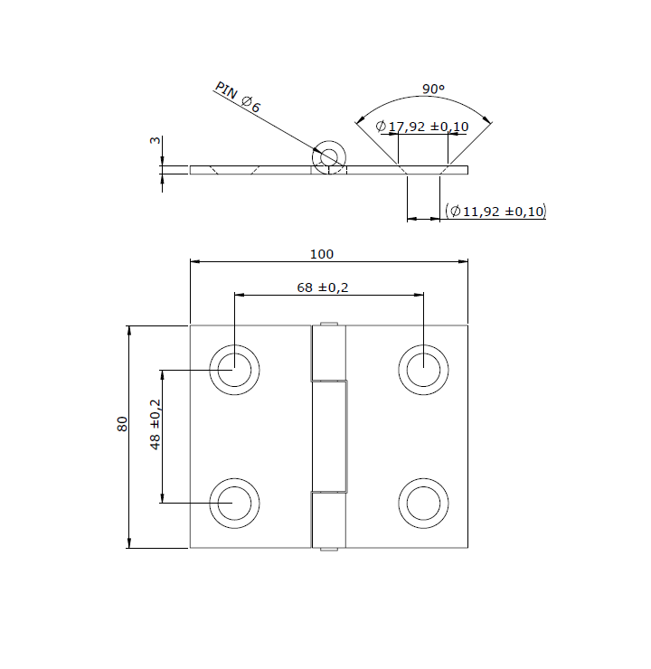 Butt hinge w/holes, acid proof stainless steel, L=80, B=100, T=3