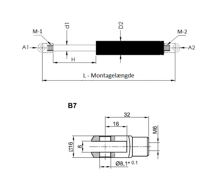 Damper, steel, M6, cylinder diameter = 18 mm, force = 250 N, stroke length = 120 mm