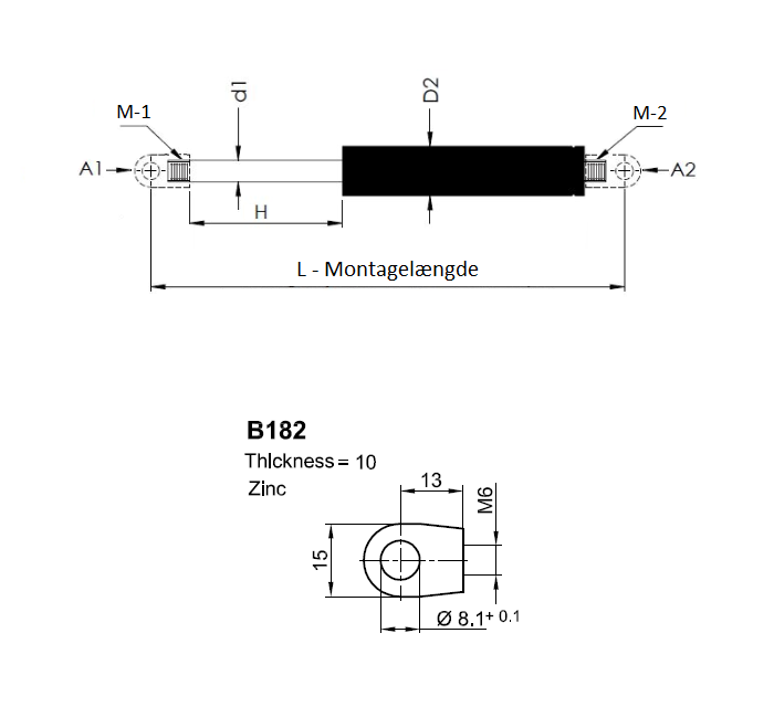 Gas spring, steel, M6 thread, stroke length = 150 mm, force = 100 N