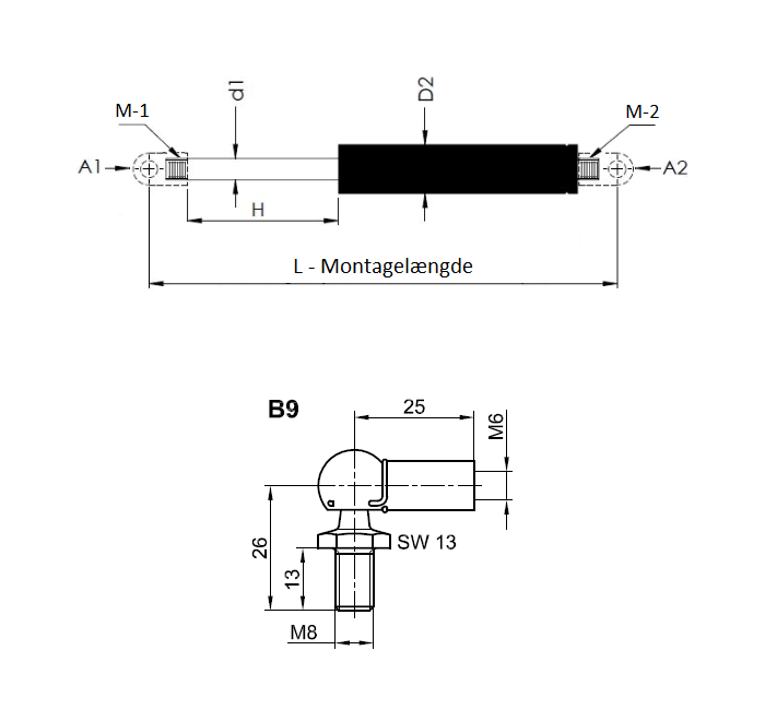 Gas spring, steel, M6 thread, stroke length = 225 mm, force = 130 N