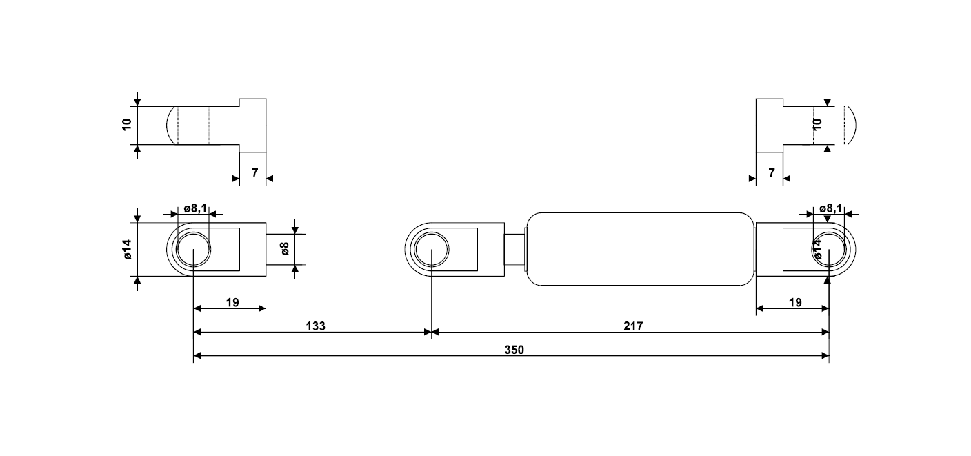 Gas spring, steel, M8 thread, stroke length = 133 mm, force = 180 N