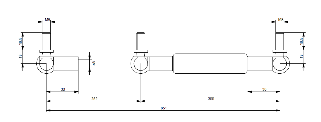 Gas spring, steel, M8 thread, stroke length = 252 mm, force = 60 N