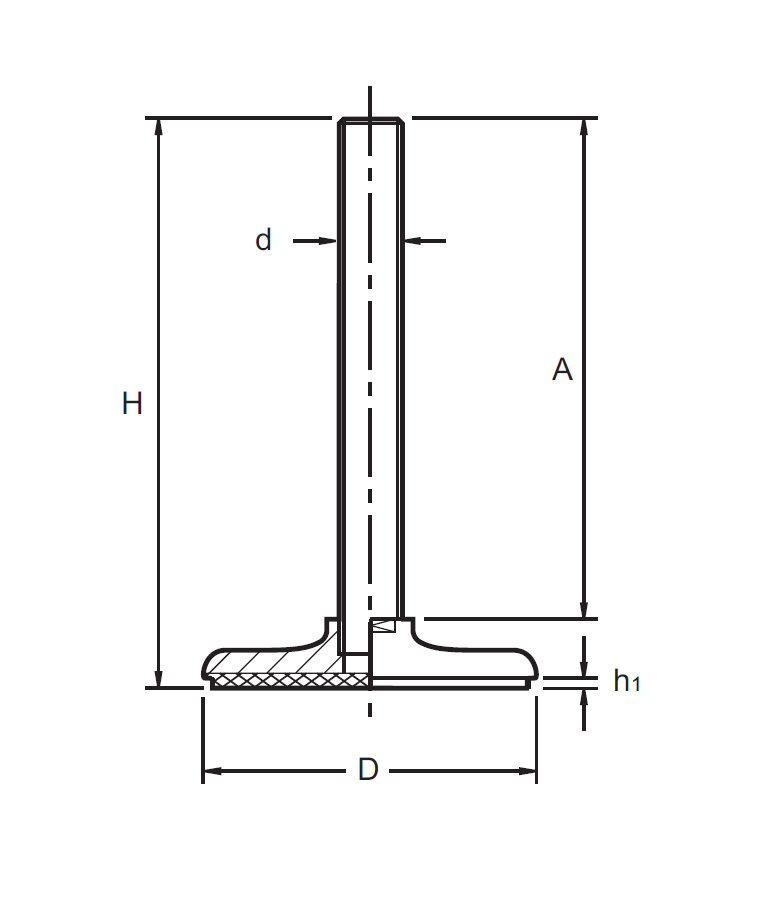 Levelling foot, stainless steel, fixed threaded spindle, M10, base diameter = 50 mm