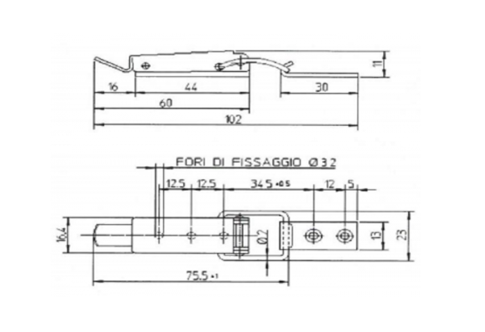 Toggle latch, steel, L=75,5, B=23, H=11, not adjustable