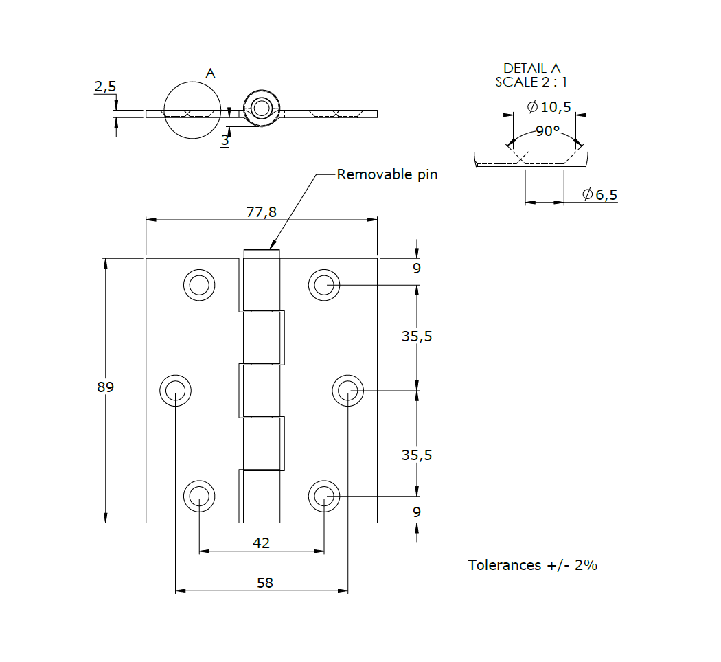 Butt hinge w/holes, steel, L=89, B=77,8, T=2,5