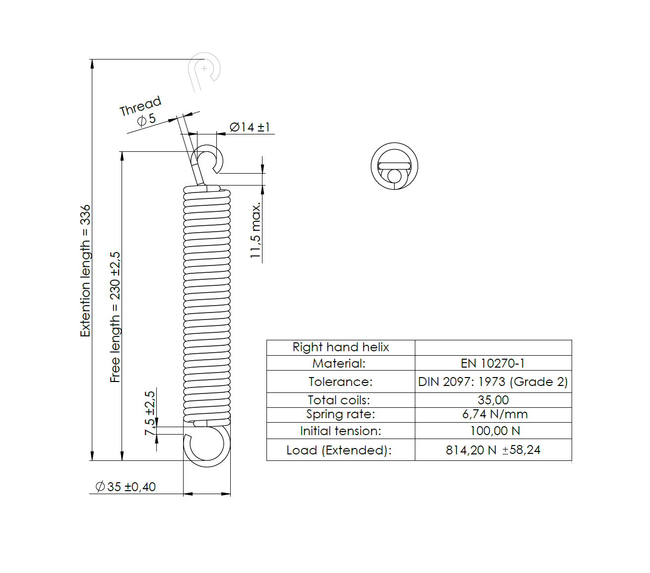 Extension spring, steel, d=5mm, Dm=30mm, Lo=230mm