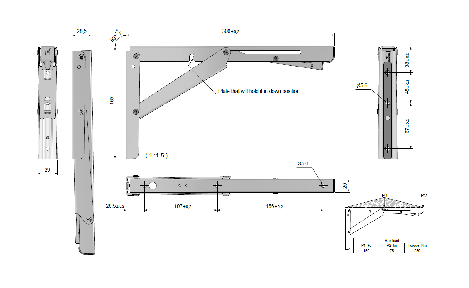 Folding bracket, stainless steel, L=307mm, H=165mm, B=29mm, Ø5,6mm holes