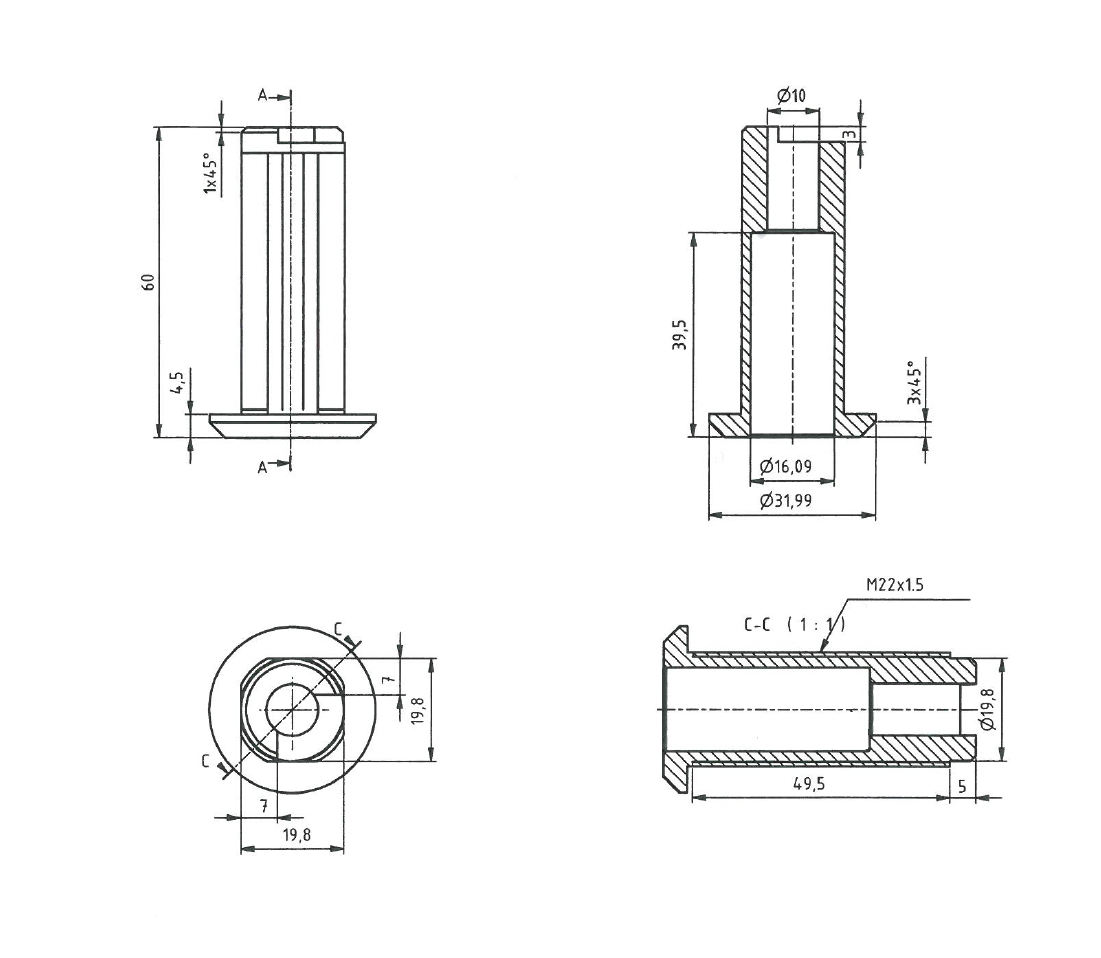 Housing, standard, stainless steel, D=32, GH=60, plate thickness=1,5-50 mm