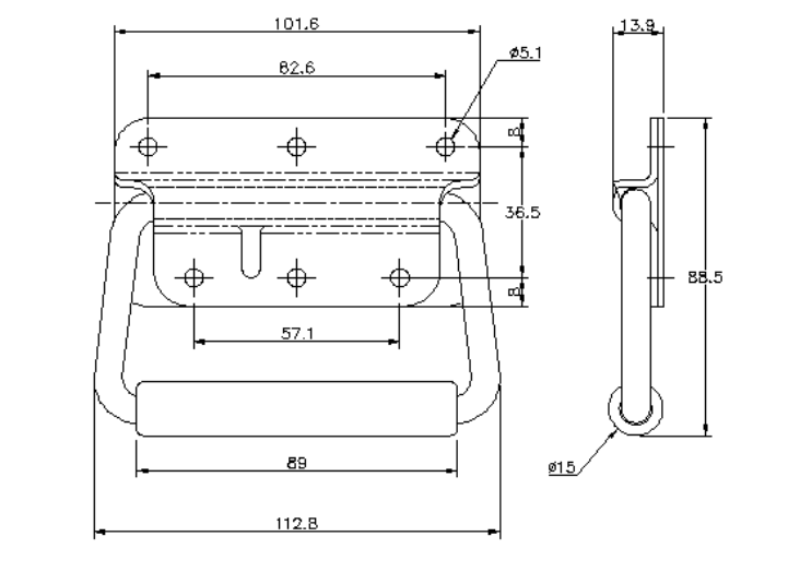 Flip handles, stainless steel, spring-loaded, H= 88,5 mm, B= 112,8 mm