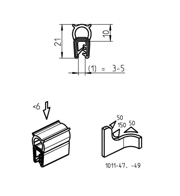 Edge profile w/top bulb, black EPDM, clamping width = 3 - 5mm