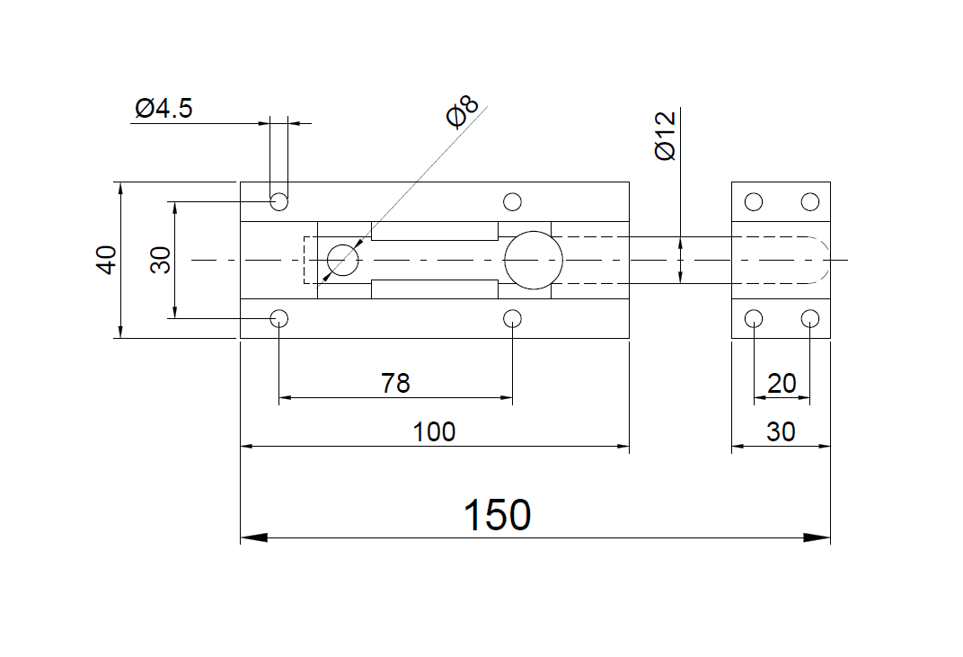 Sliding bolt, stainless steel, screw mounting, length=150, width=40